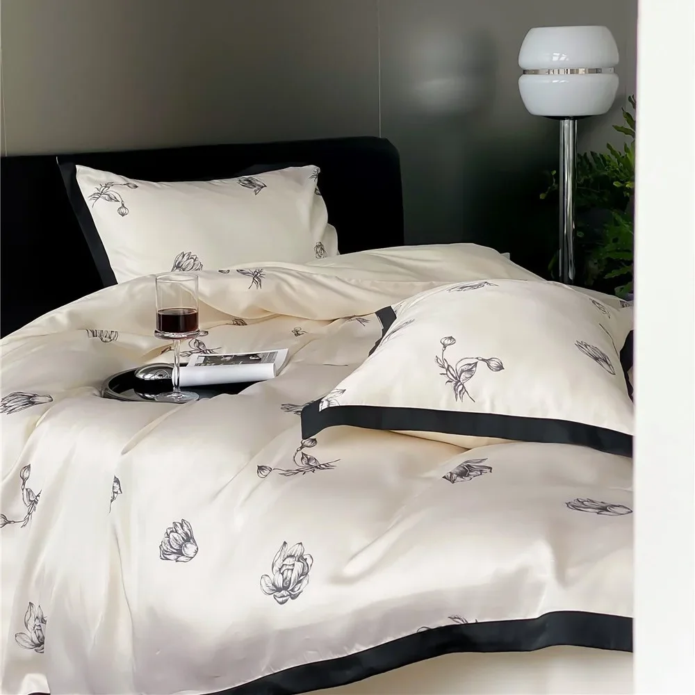 

60 Tencel Chinese ink pattern four-piece set, cold silk in summer, sleeping naked, silky smooth quilt cover, light luxury