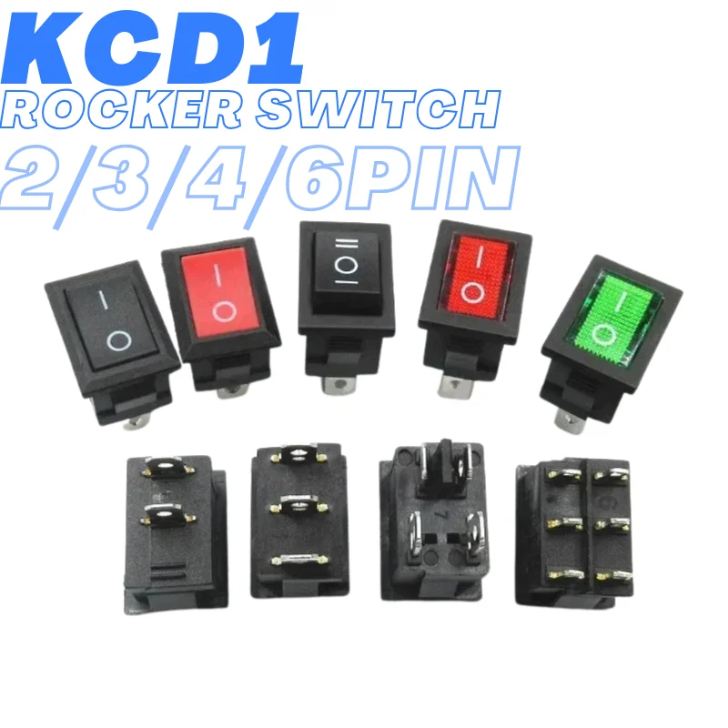 100/200/500/10000pcs KCD1 Boat Car Rocker Switch 6A/250V 10A/125V AC With Red Green Light Switch 2/3/4Pin 21*15mm on off on