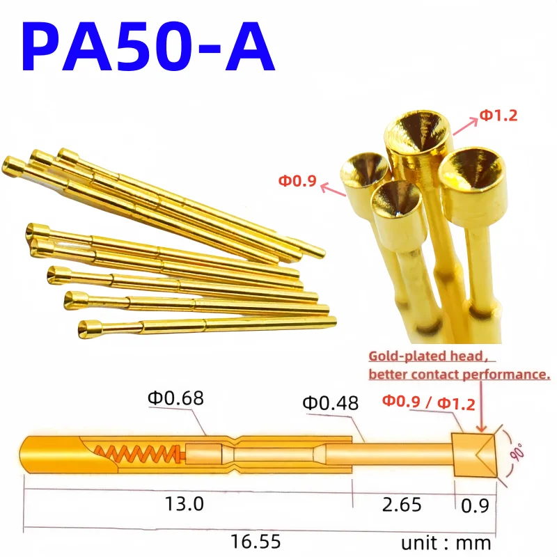 

20/100PCS PA50-A Spring Test Probe PA50-A2 Test Pin Test Tool 16.55mm/0.68mm/0.9mm/1.2mm Gold Needle Tip Pogo Pin P50-A P50-A2A3