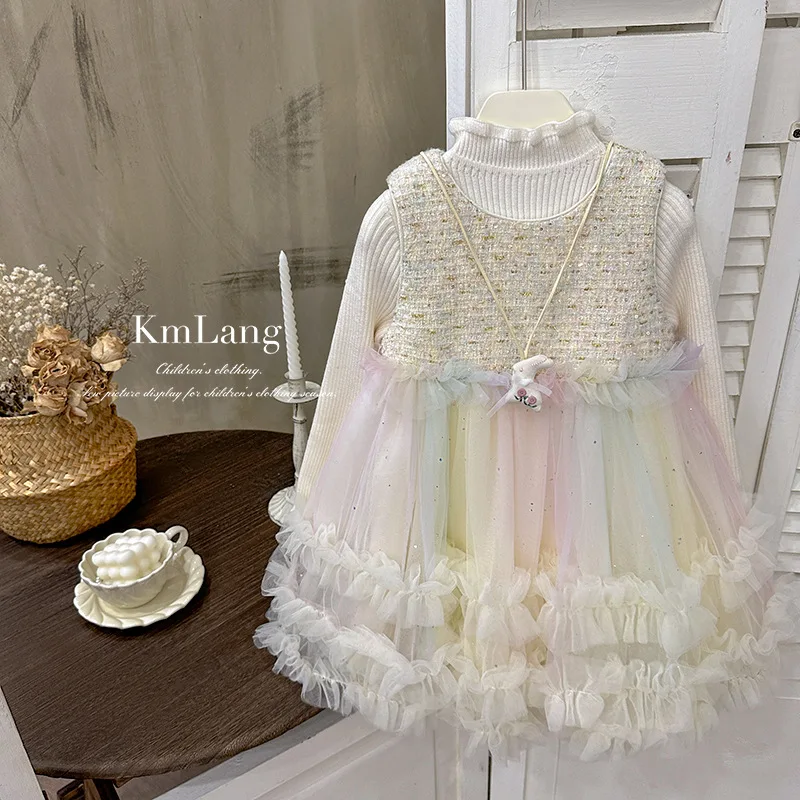 

In Stock Instant Delivery Girls' Dress Fashionable Sweet Puffy Dress Fleece Gradient Colorful Tank Dress Mesh Dress