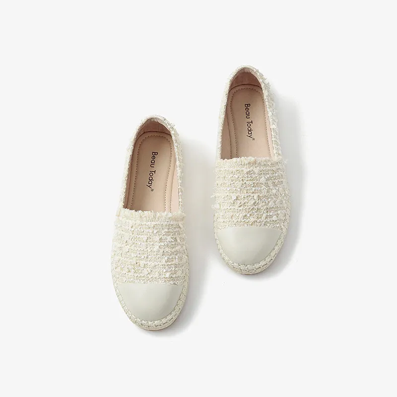 BeauToday mieszkania kobiety kożuch tkaniny kraty okrągłe Toe Slip On tkanina w kratę tkane słomy przypadkowi buty damskie Handmade 23428