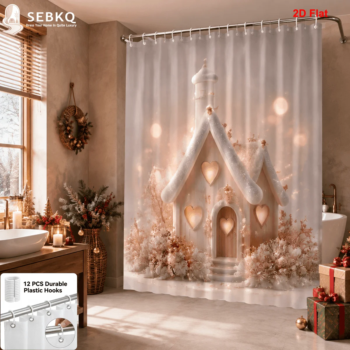 Winter Wonderland House Shower Curtain, Snowy Cottage & Bokeh Lights Print Waterproof Bathroom Decor, Cozy Christmas Home Bath