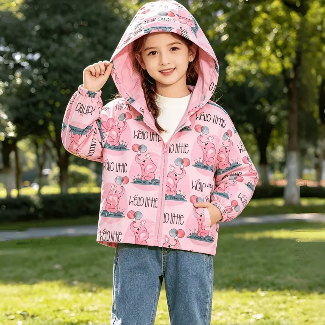 Kids Girls' Outfits Fashion Flower Print Hooded Windbreaker Light Jacket Girls Zip-Up Clothes Children Clothing