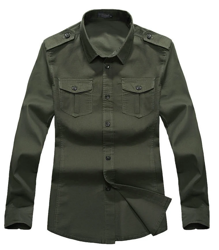 2023 Military Slim Fit Mens Long Sleeve Cargo Shirts Causaul Blouses Yellow Army green M-5XL