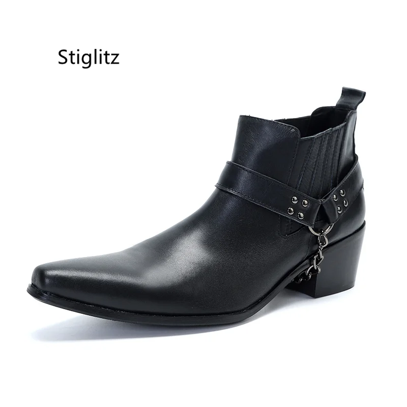 New High-Heeled Black Ankle Boots for Men Pointed Toe Zipper Men's Fashion Leather Chelsea Boots Belt Buckle Slip On Shoes