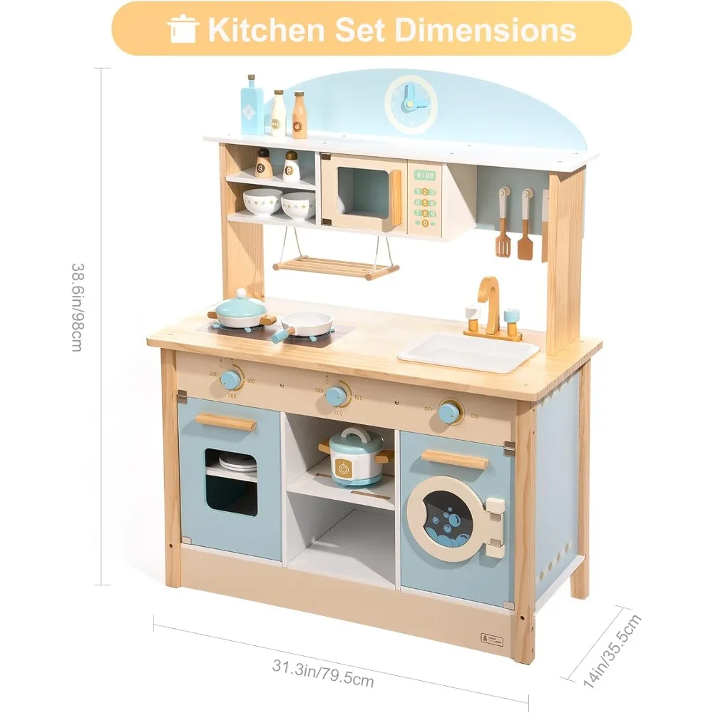 ROBUD Wooden Play Kitchen Set for Kids Toddlers, Toy Kitchen Gift for Boys Girls, Age 3+