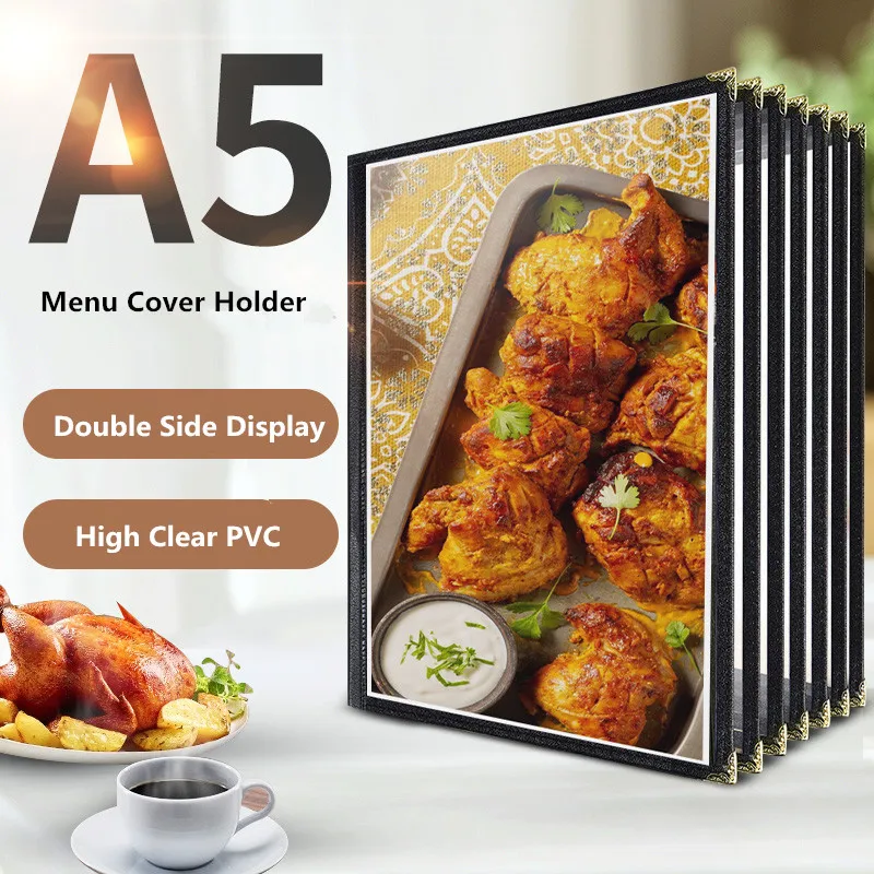 A5 148X210MM PU Leather Fold Menu Book Sign Holder PVC Paper Sheet Frame Clear Viewing Surfaces Restaurants Bar Cafe Menu Covers