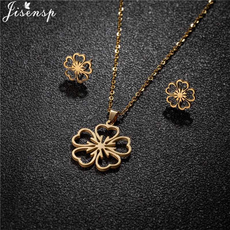 Boho Flower Stainless Steel Jewelry Sets Korean Fashion Sakura Lily Lotus Pendants Necklaces for Women boucle d'oreille femme