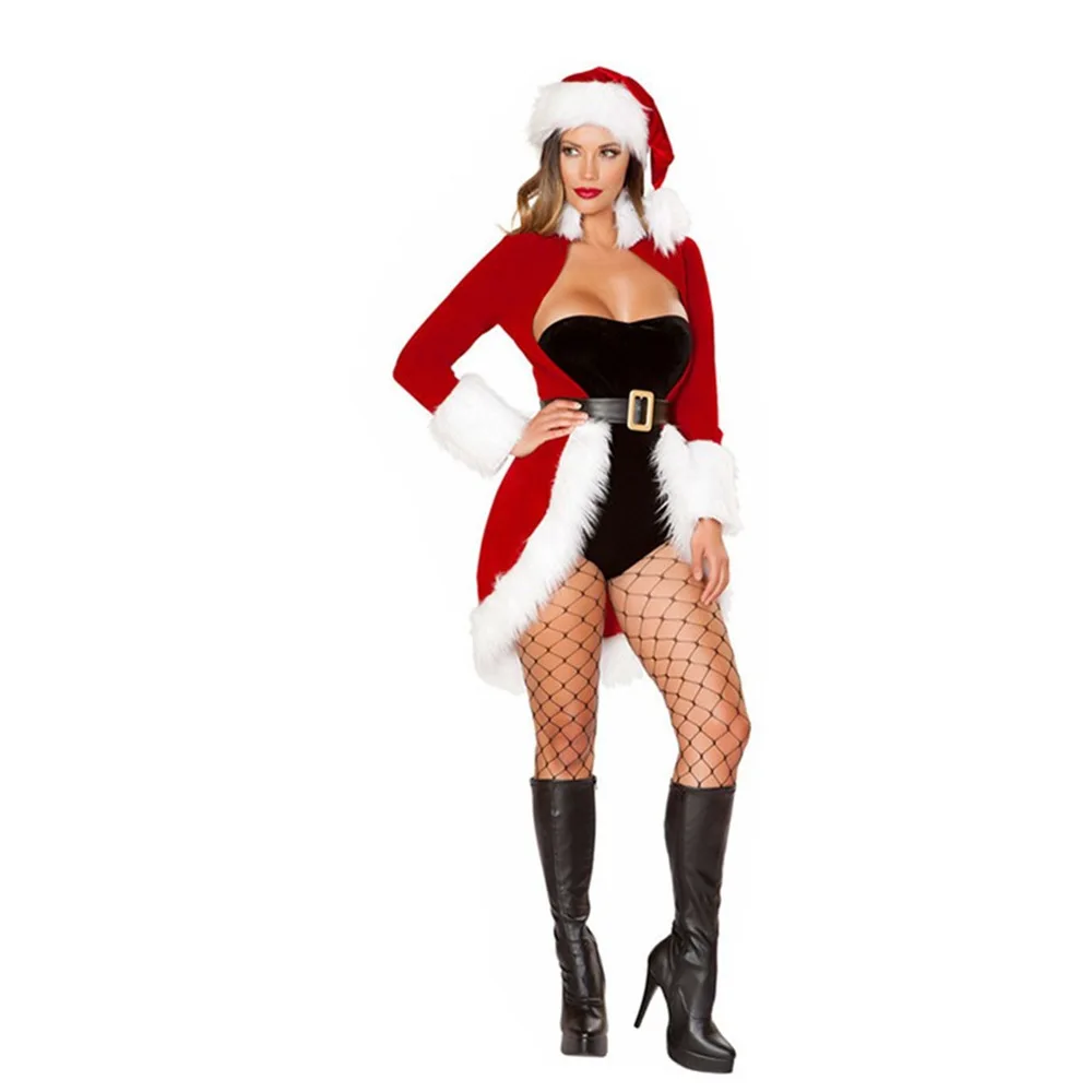 

Women's Christmas Costume Black Sexy Bodysuit with Belt Red Hat Swan Fluff Coat Christmas Eve New Year's Party Cosplay Set