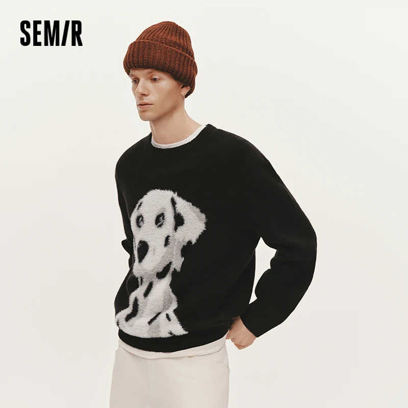 Men's Knitted Sweater with Faux Mink Puppy Jacquard - Winter Pullover
