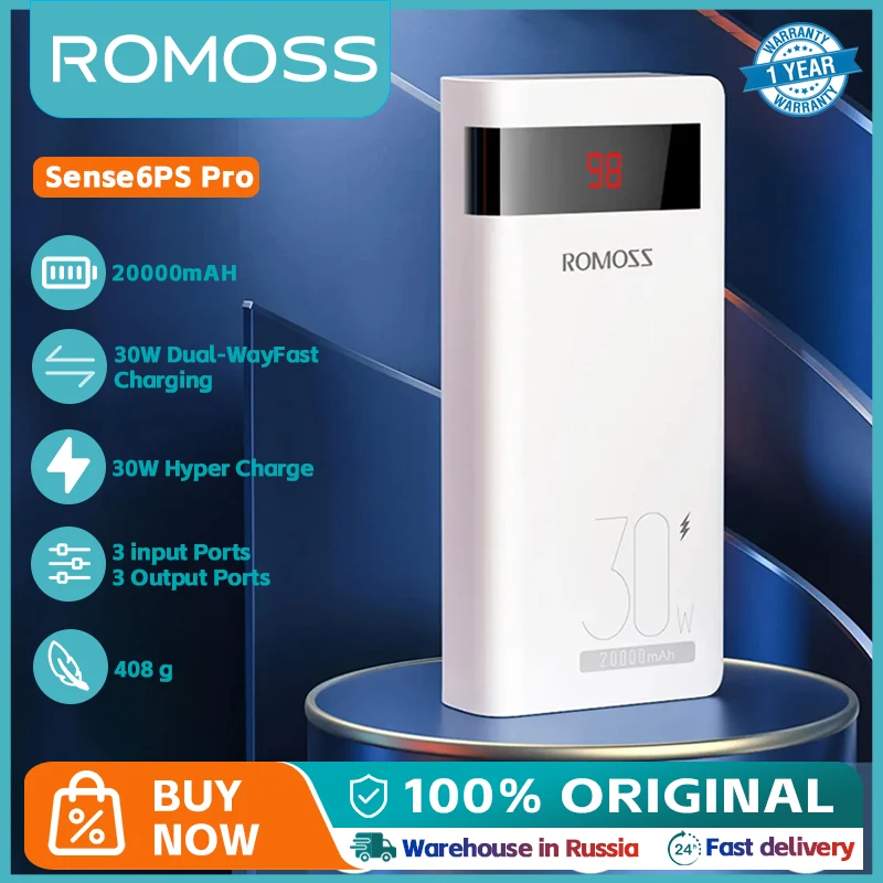 ROMOSS Sense6PS PRO PD 30W Fast Charging Power Bank 20000mAh Portable External Battery Powerbank for iPhone 15 14 Xiaomi HUAWEI