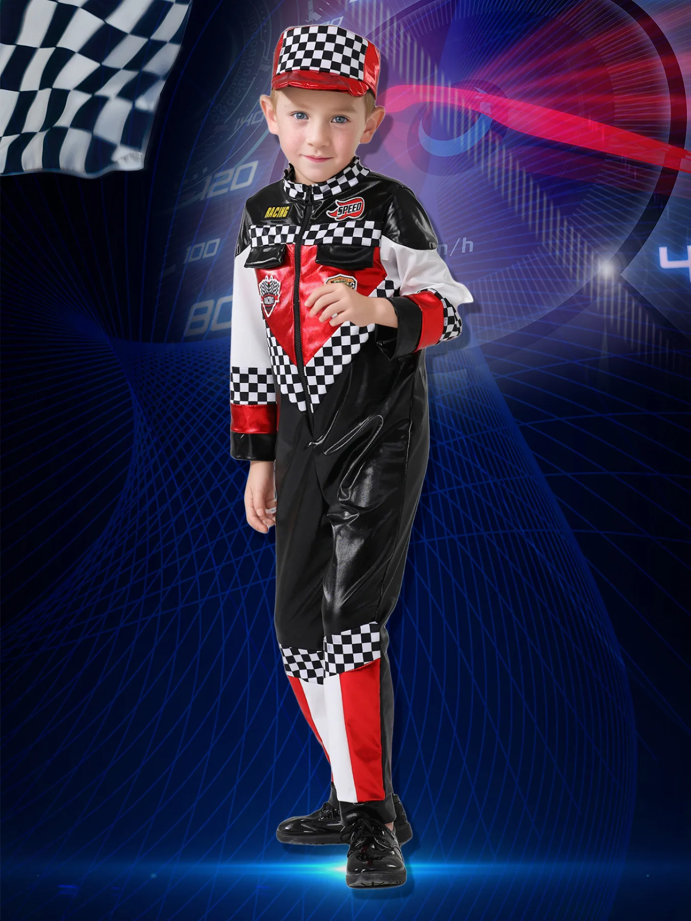 Halloween-kostuum Racing Suit-set voor kinderen Rode jumpsuit Hoog getailleerde elastische kleding en hoed Handschoenen Speelgoedpakken
