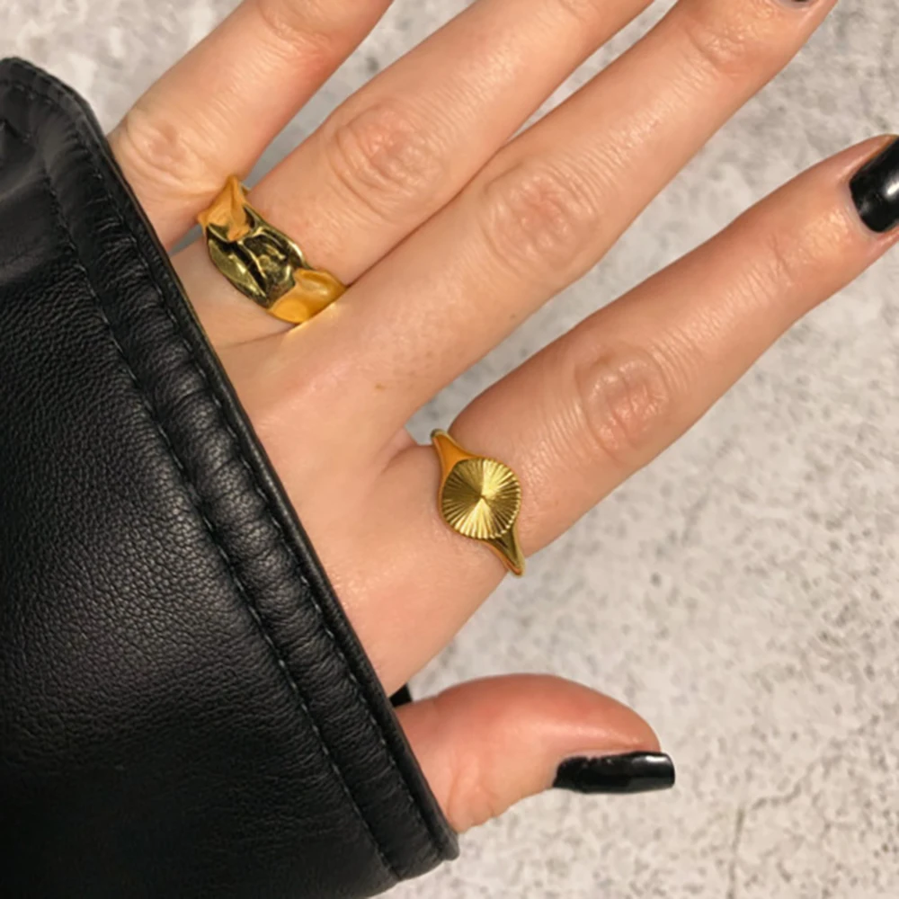 Stainless Steel Vermeil Carve Wave Chubby Rings For Women Sun Flower Croissant Stacking Band Jewelry Wedding Party Accessories