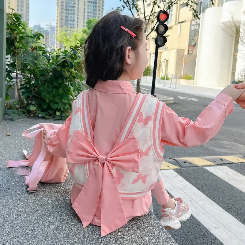 Girls back bow three-piece set 2024 autumn new Korean version of the suit foreign air network red children's wear 90-140cm