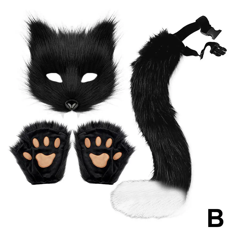 Fluffy Fur Tail Cat Paws Gloves And Wolf Therian Mask Set For Halloween Cosplay Costume Accessories Mask Sets R1J0