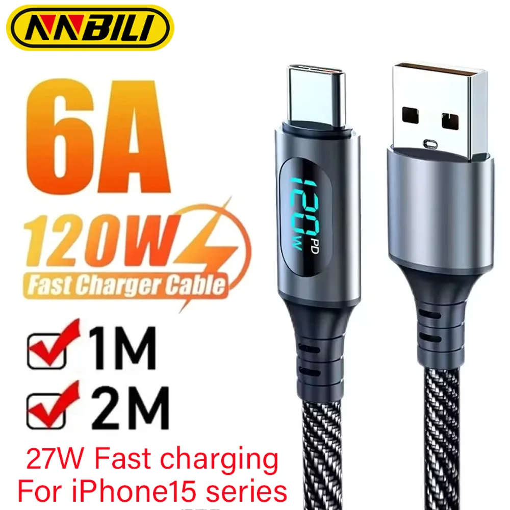 NNBILI 120W PD Fast Charging USB to Type C Cable 100W Digital Display Type C to Type C Cable For Xiaomi HUAWEI Macbook iPad