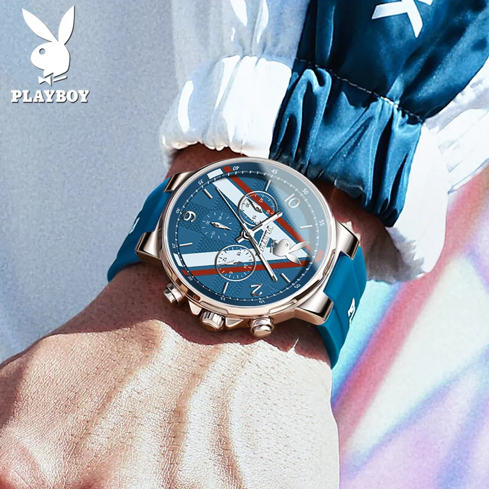 PLAYBOY Quartz Watches for Men Comfortable Silicone Strap Big Dial