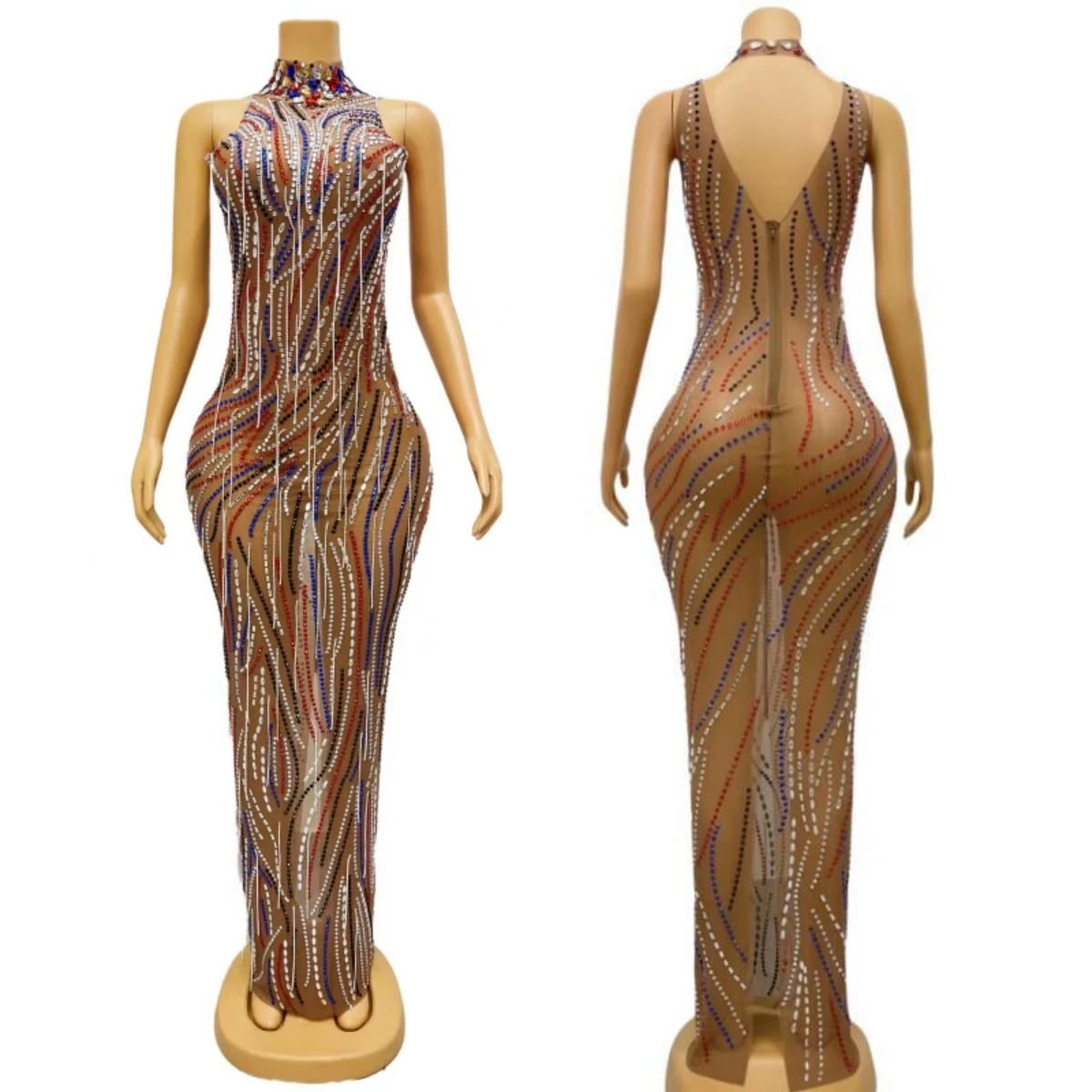 

Fashion Women Couture Sleeveless See Through Mesh Long Dress Prom Sparkly Rhinestone Sexy Evening Gown Party Outfit Caitiaoqun