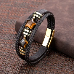 2024 New Vintage Style Pentagram Natural Tiger Eye with Stainless Steel Three-Layer Leather Rope Men's Casual Fashion Bracelet