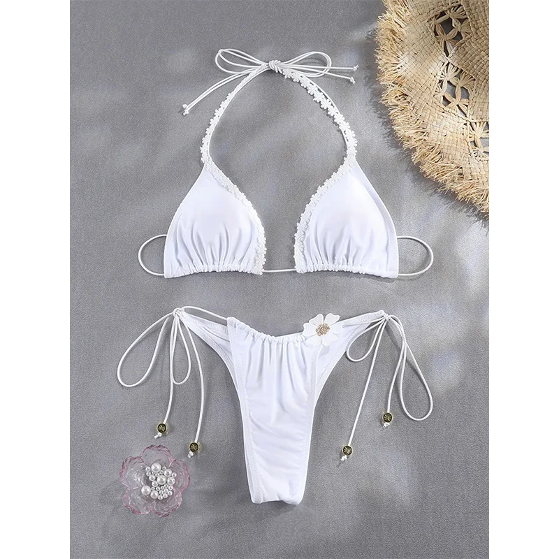 String Swimsuits White Flower Bikini Bandage Swimsuit Triangle Bikinis High Cut Swimwear Sexy Bathing Suit Vacation Beachwear