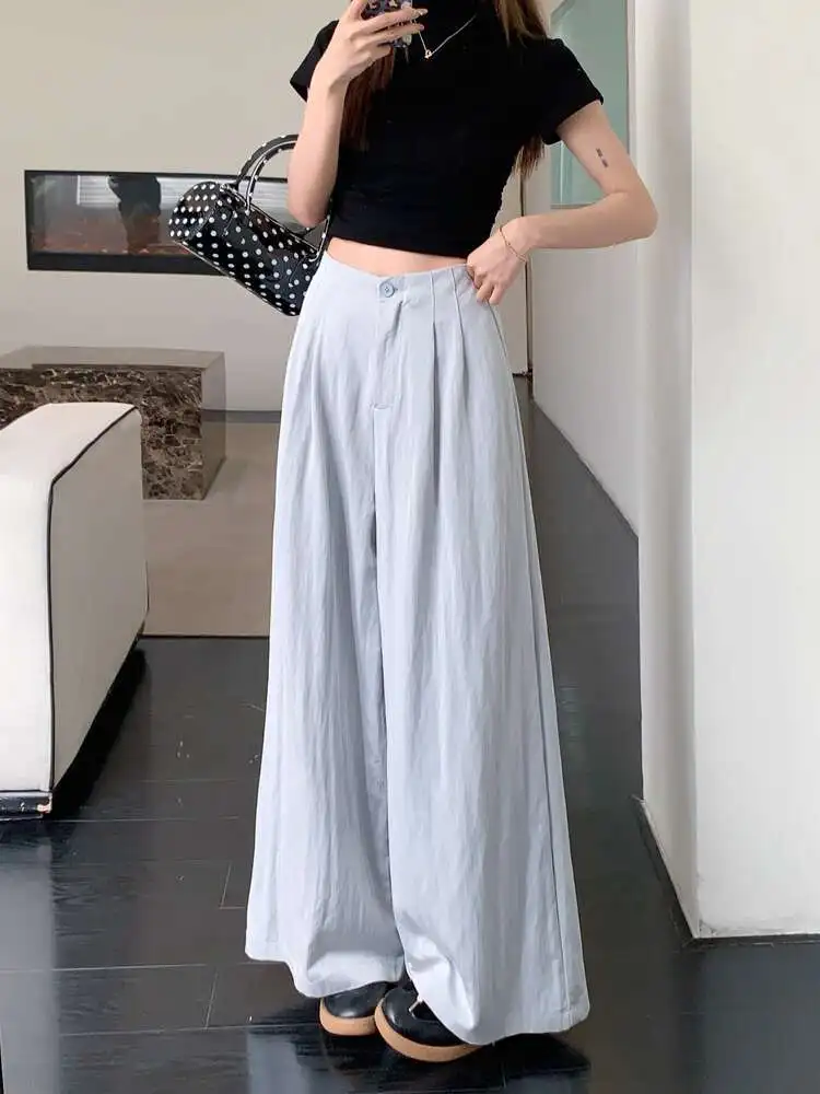 Summer White Casual High Waist Pants Woman's Ice Silk Pants Woman's Drape Floor Mop Pants Straight Loose Wide Leg Long Pants