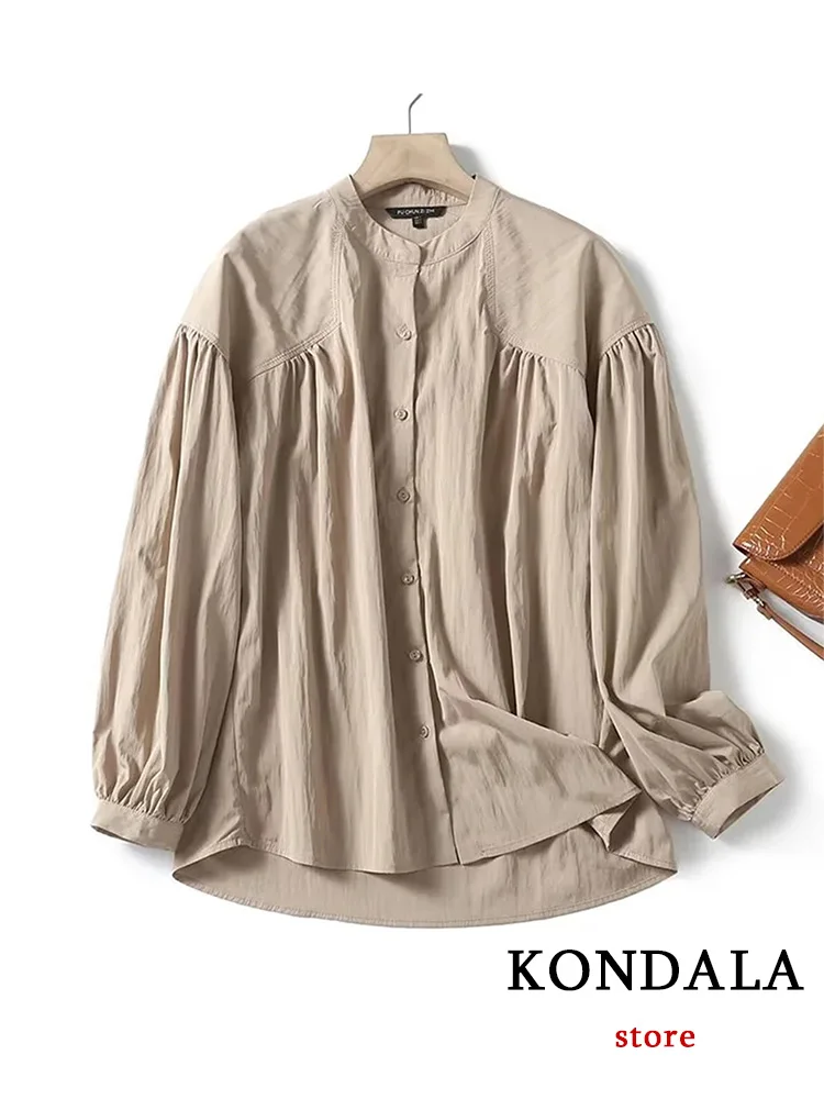 KONDALA Casual Vintage Women Shirts Solid O-Neck Single Breasted Long Sleeve Loose Blouse New Fashion 2023 Autumn Holiday Blouse