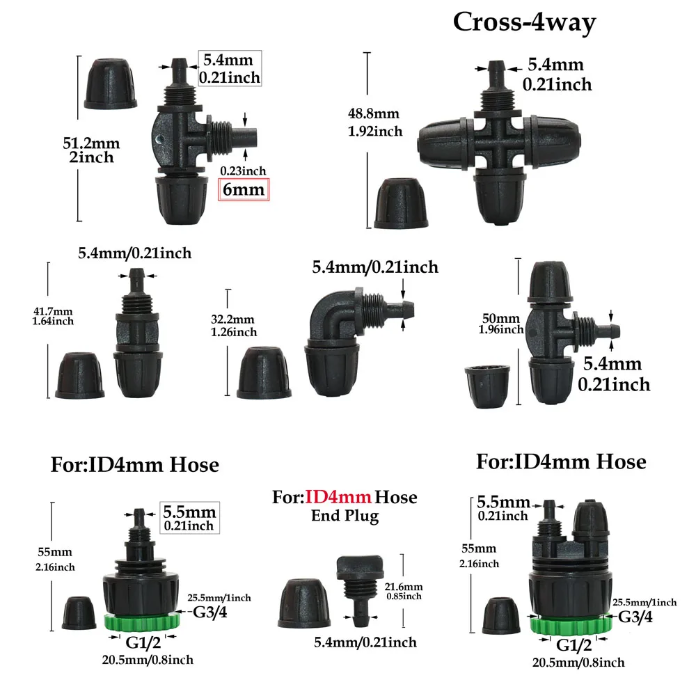 4mm 1/4 inch Garden Hose Connector Water Splitter Tee End Plug Elbow Cross Straight joint Lock Nut Irrigation System Fittings