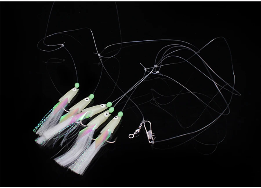 5/25pcs Saltwater Sabiki Rigs Fishing String Hooks with Soft Shrimp Bait Glow Bead Line for Night Fishing Surf Rock Saltwater