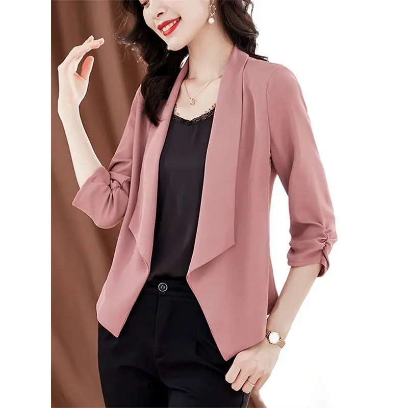 Summer New V-neck Fashion Three Quarter Blazers Women High Street Solid Color Casual Cardigan Elegant Pleated Loose Office Tops