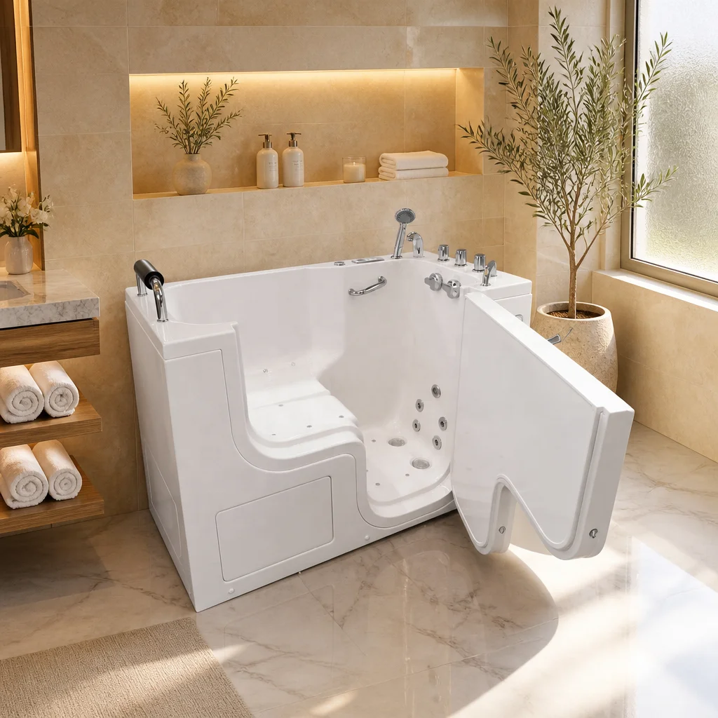 a*-Open Door Walk-In Bathtub Barrier-Free Side-Open Door Whirlpools Bathtub Seated Acrylic Massage Bathtub for Seniors.