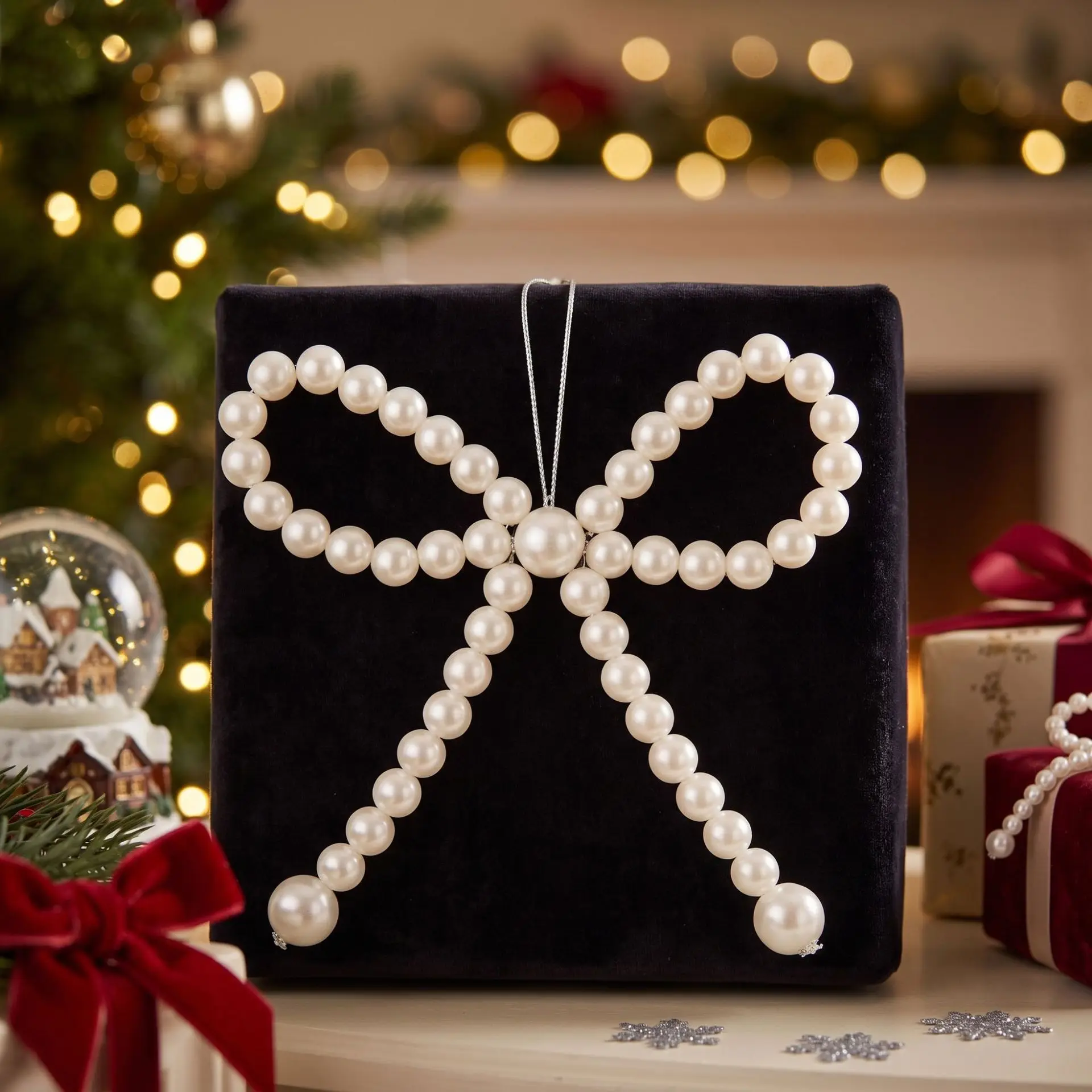 Christmas Tree Hanging Ornament Pearl Bowknot Pendant Holiday Party Home Window Decorative Accessory DIY Festive Hanging Charm