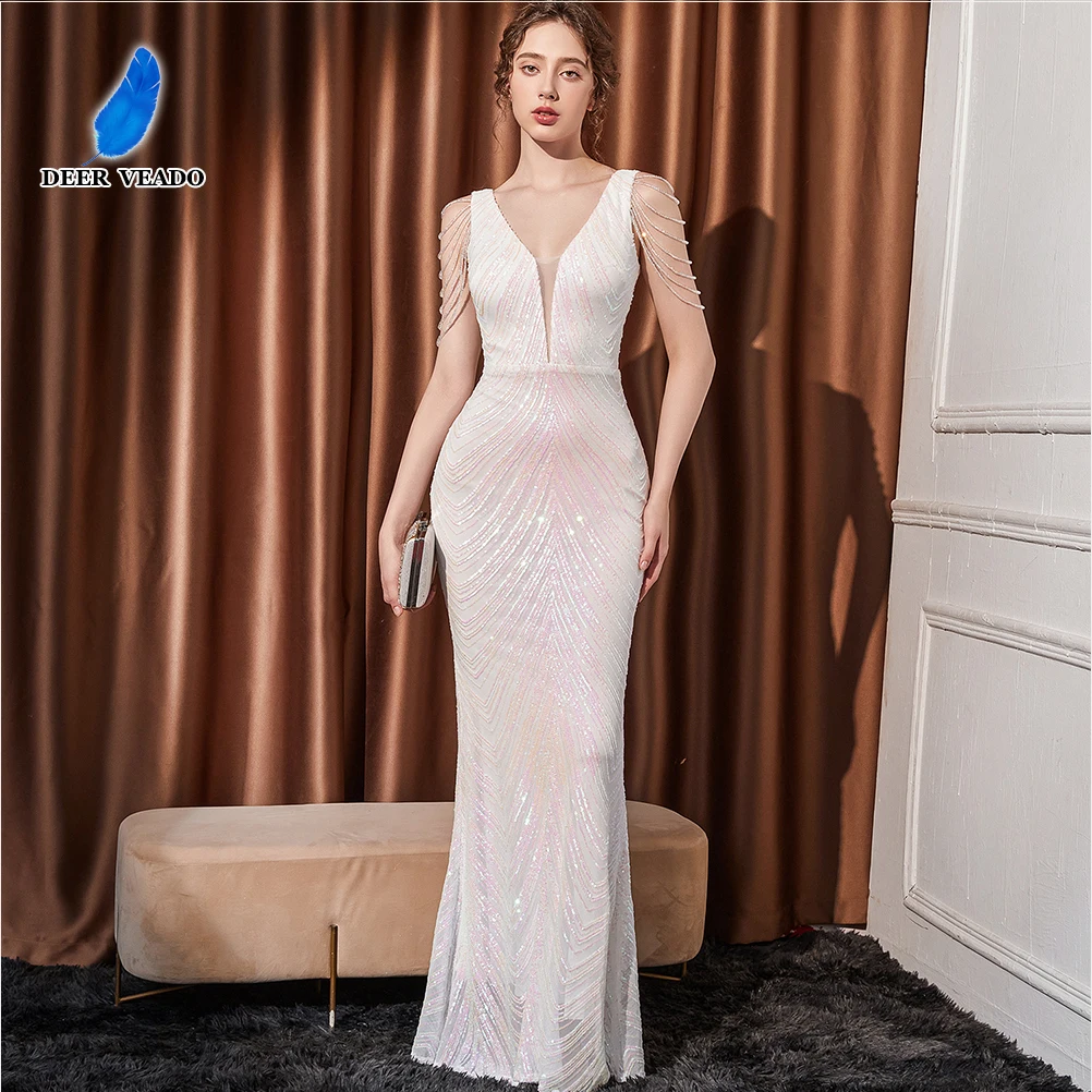 DEERVEADO Luxury Beading Sequins Evening Dress for Woman Mermaid V Neck Formal Dress for Special Occasions Wedding Party Dresses