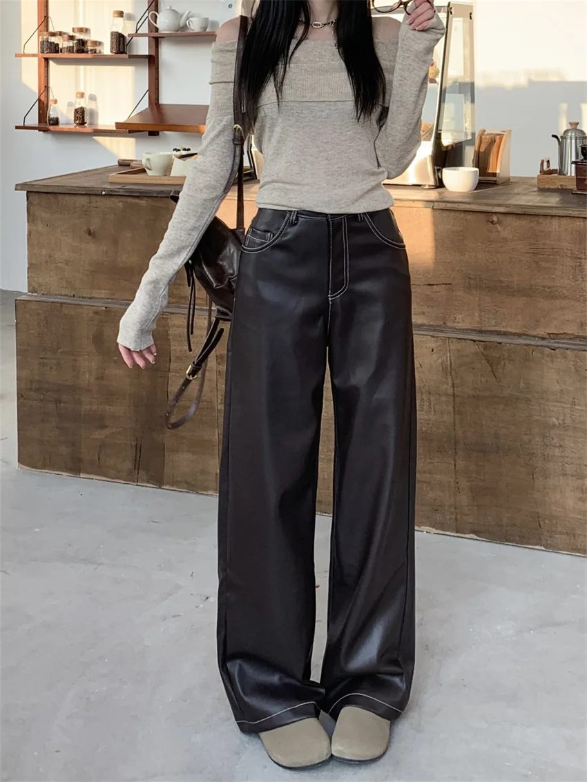 Alien Kitty PU Trousers Women Chic Loose Straight Spring 2024 High Waist Vintage Slim Casual Work Wear Streetwear Pants