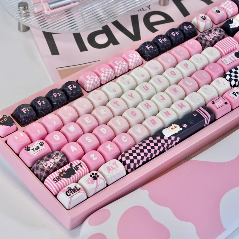 Pink Cute Cat Custom Keycap Set 130 Keys MOA Profile Dye-Sublimation PBT Keycaps For MX Swithes Mechanical Keyboards