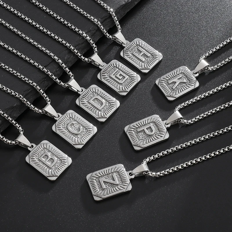 Trendy Hot Selling Initial A-Z Name Square Pendant Stainless Steel Necklace for Men Women Couples Keepsake Gifts