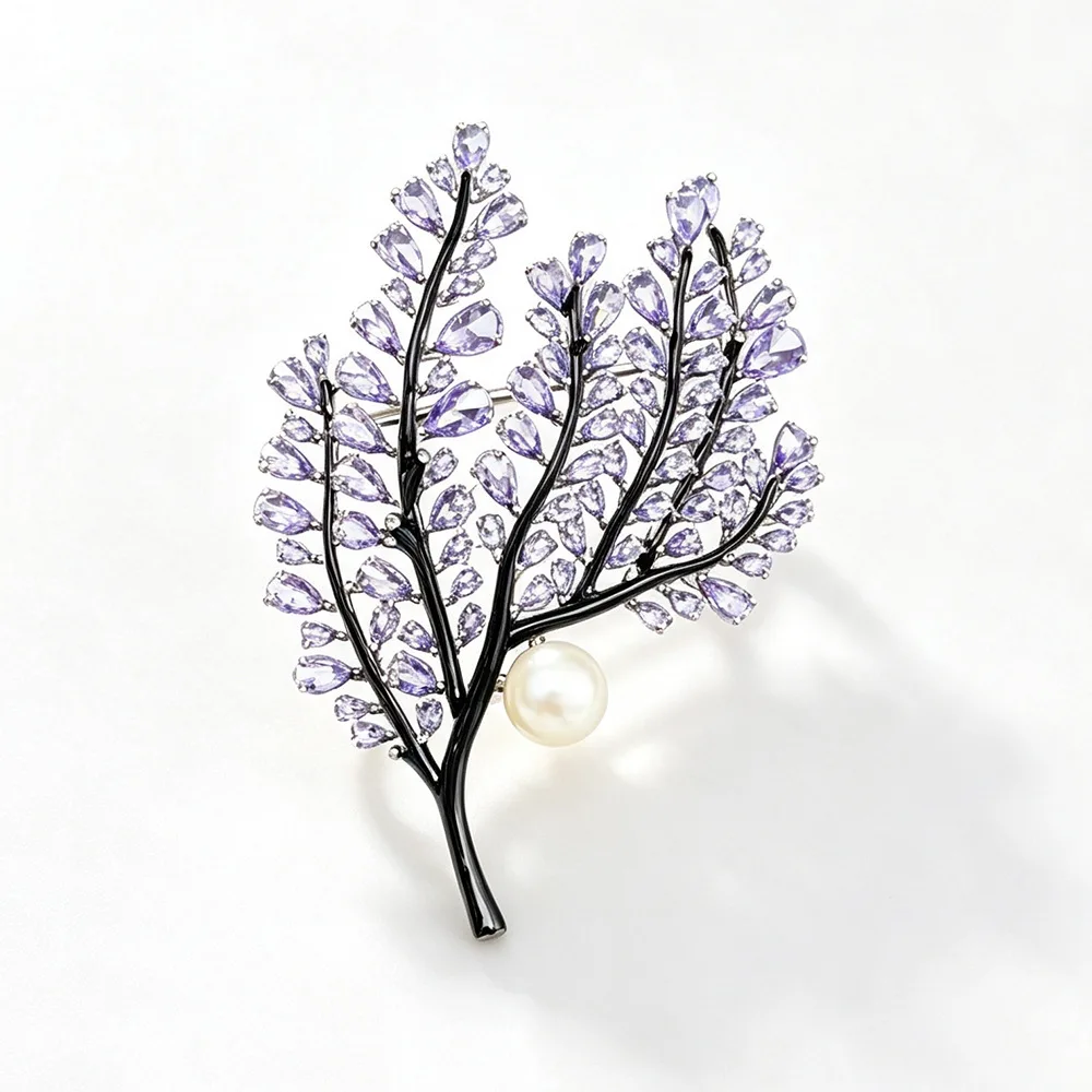 Light Luxury Purple Zircon Tree Branch Pearl Brooch Retro Plant-based Jewelry Coat Suit Decoration Accessories Pin for Women view 5