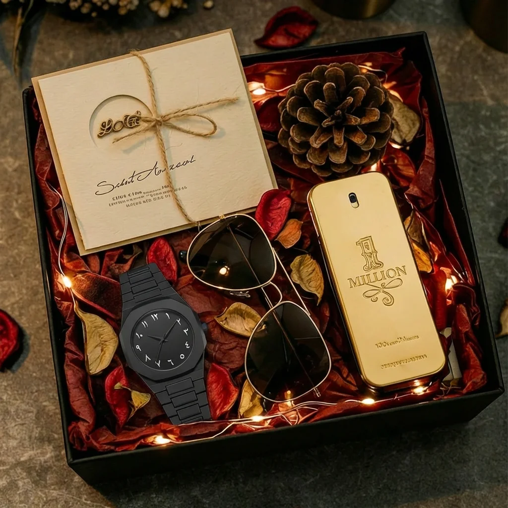 4pcs Men's Black Metal Sleek Modern Stylized Numerals Quartz Watch Gift Set with Sunglasses & Perfume, Daily Wear, Birthday