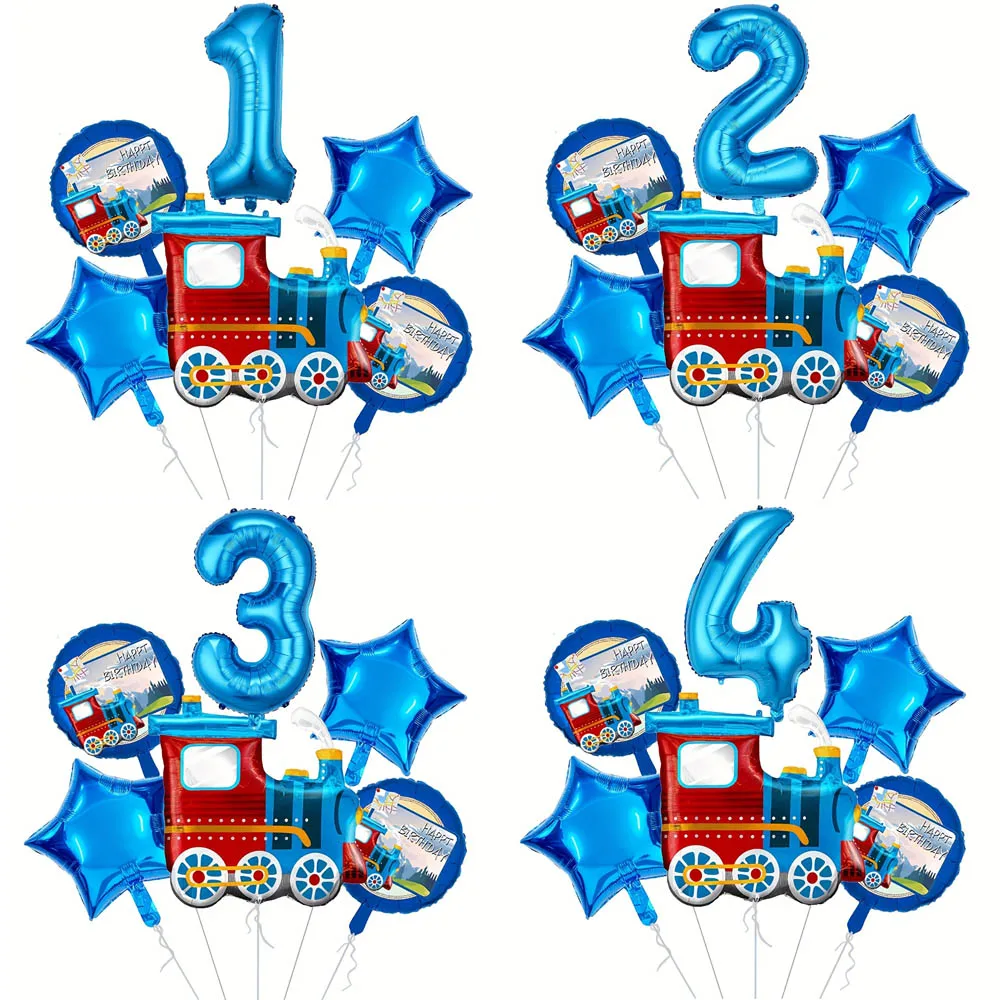 6 stücke Retro zug Ballon Set Blau Digital 0-9 Folie Ballon Cartoon Zug Ballon Geburtstag Party Dekoration Lieferungen Baby dusche