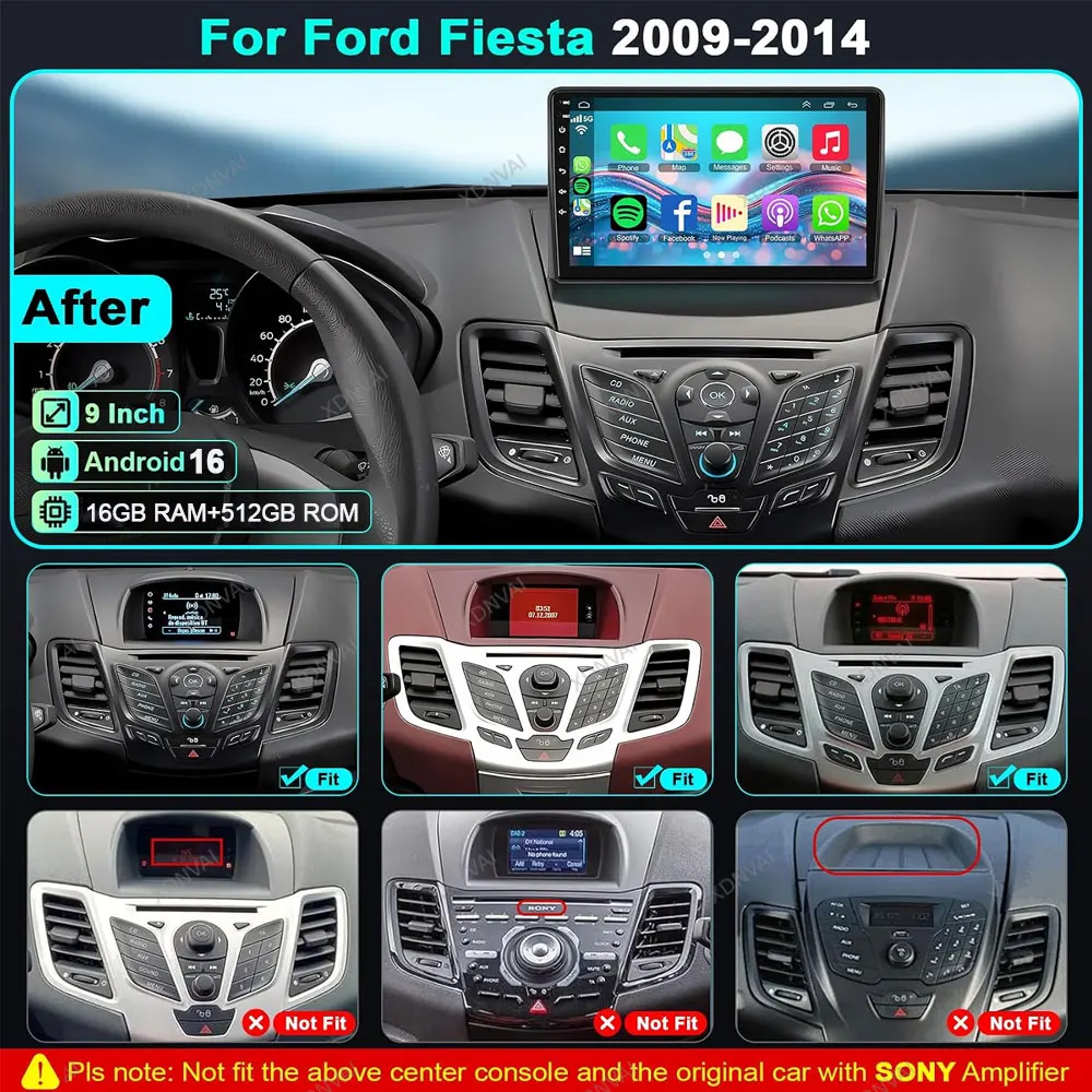 Multimedia Video Player Car Radio Android 16 For Ford Fiesta Mk 6 2009 2010 2011  -2018 CarPlay GPS Qualcomm DSP 5G WIFI