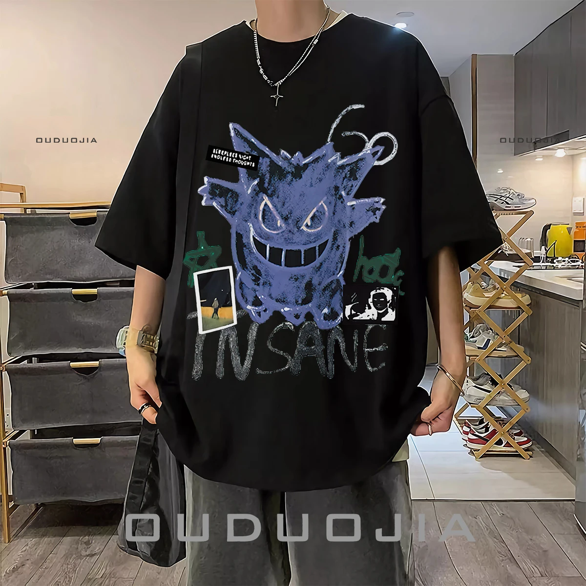 2024 Heavy 100% Cotton Male Pokémon Geng Ghost Loose Plus Size Spring Summer Ins Versatile Crew Neck T-Shirt