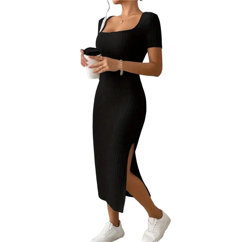 Feminino 2025 verão com nervuras manga curta bodycon maxi vestido lateral fenda malha pescoço quadrado longo vestido de verão