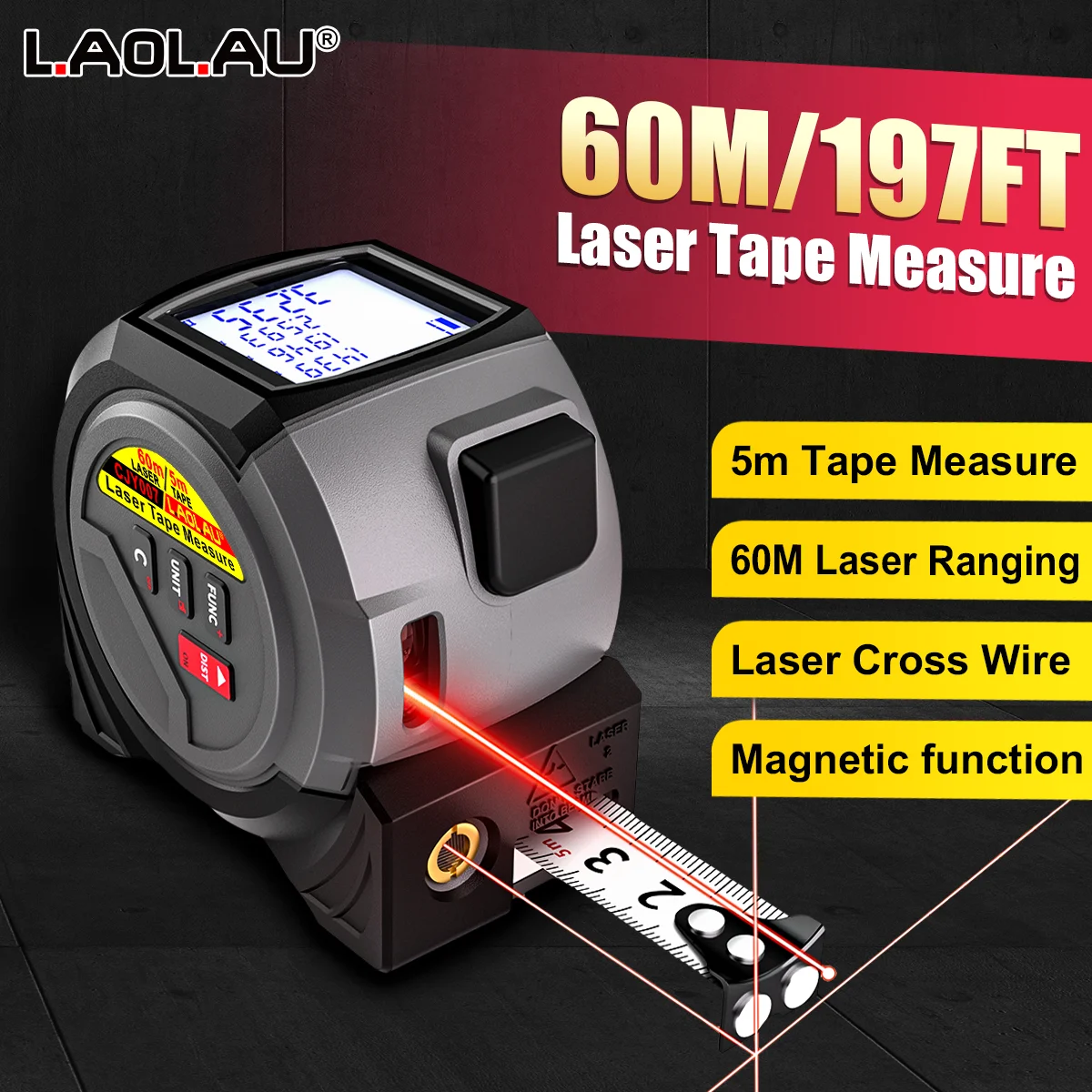3-in-1-Laser-Entfernungsmesser, 5 m Maßband, 60 m/196 Fuß / 40 m/131 Fuß, Handlaser-Messgerät, Messwerkzeug, Kreuzlinien-Laser-Wasserwaage, Schnalle – Detail 1