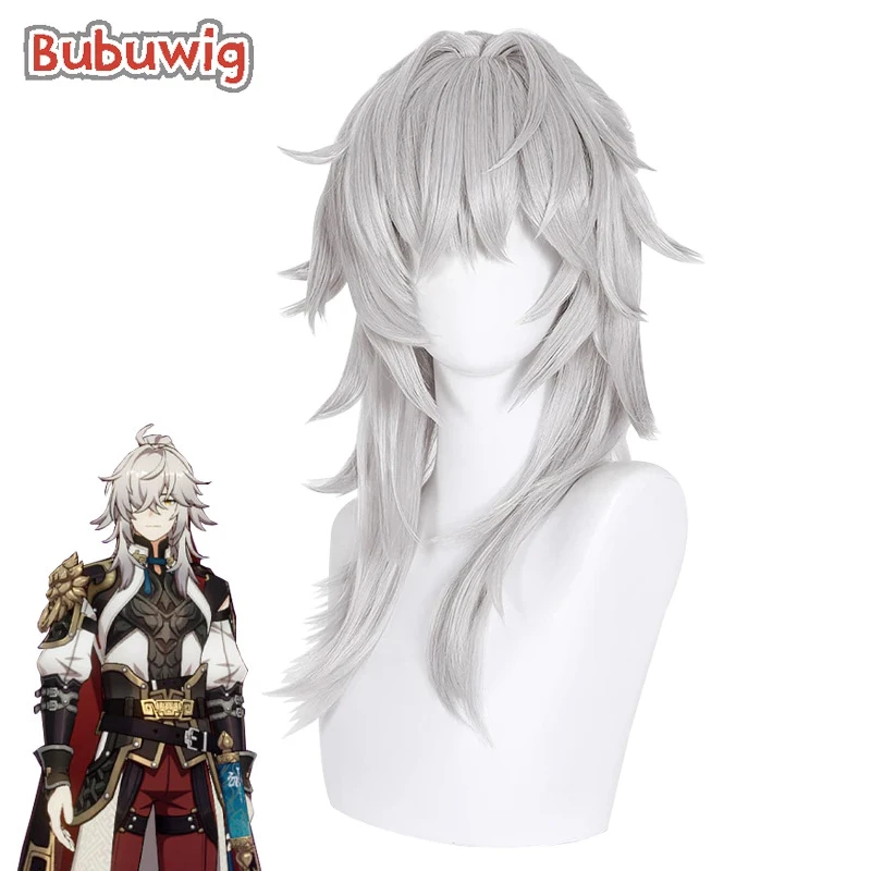 Bubuwig-Peluca de cabello sintético para Cosplay, pelo de cola de caballo, color gris plateado, 60cm de largo, Honkai: Star Rail Jing Yuan, resistente al calor