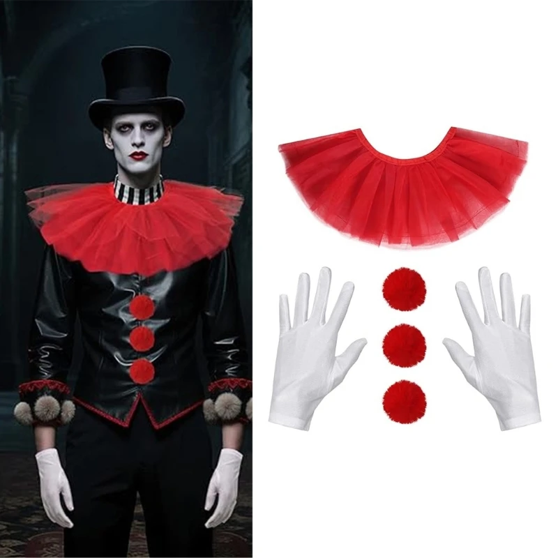 5Pcs/Set Halloween Clown Costumes Accessories Mesh Ruff Collar White Gloves Kits Cosplay Party Masquerade Stage Performance Prop