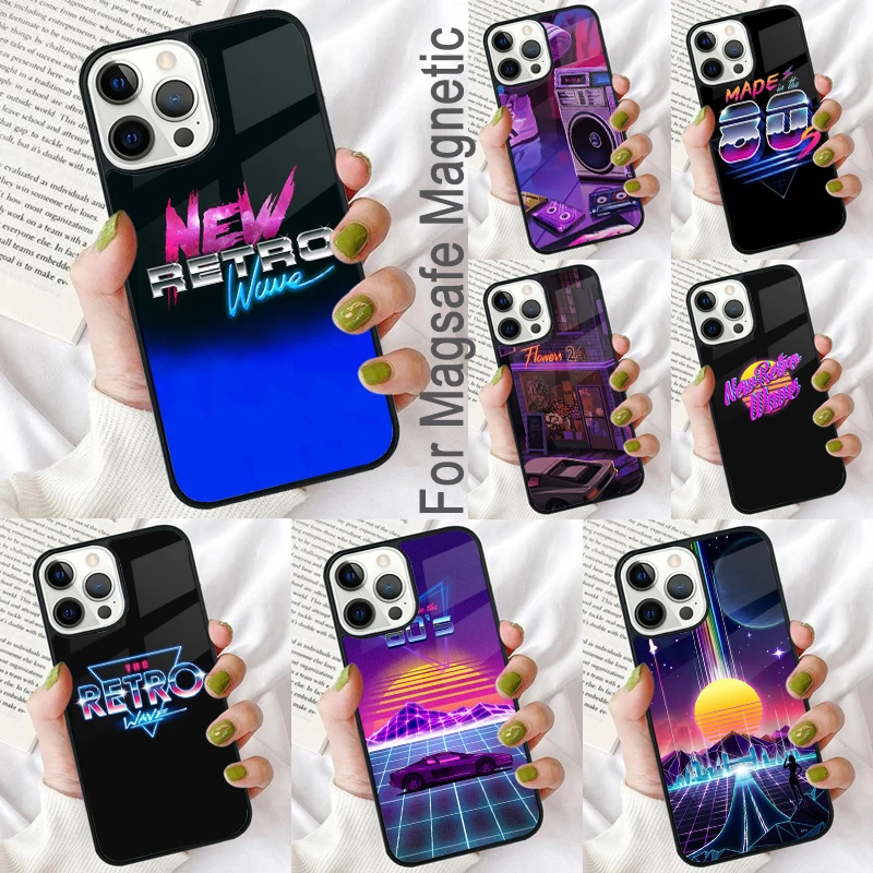 Retrowave Neon 80's Magnetic Soft Phone Case for iPhone 16 Promax 15 Pro 13 14 Plus 11 12 Mini MagSafe Coque