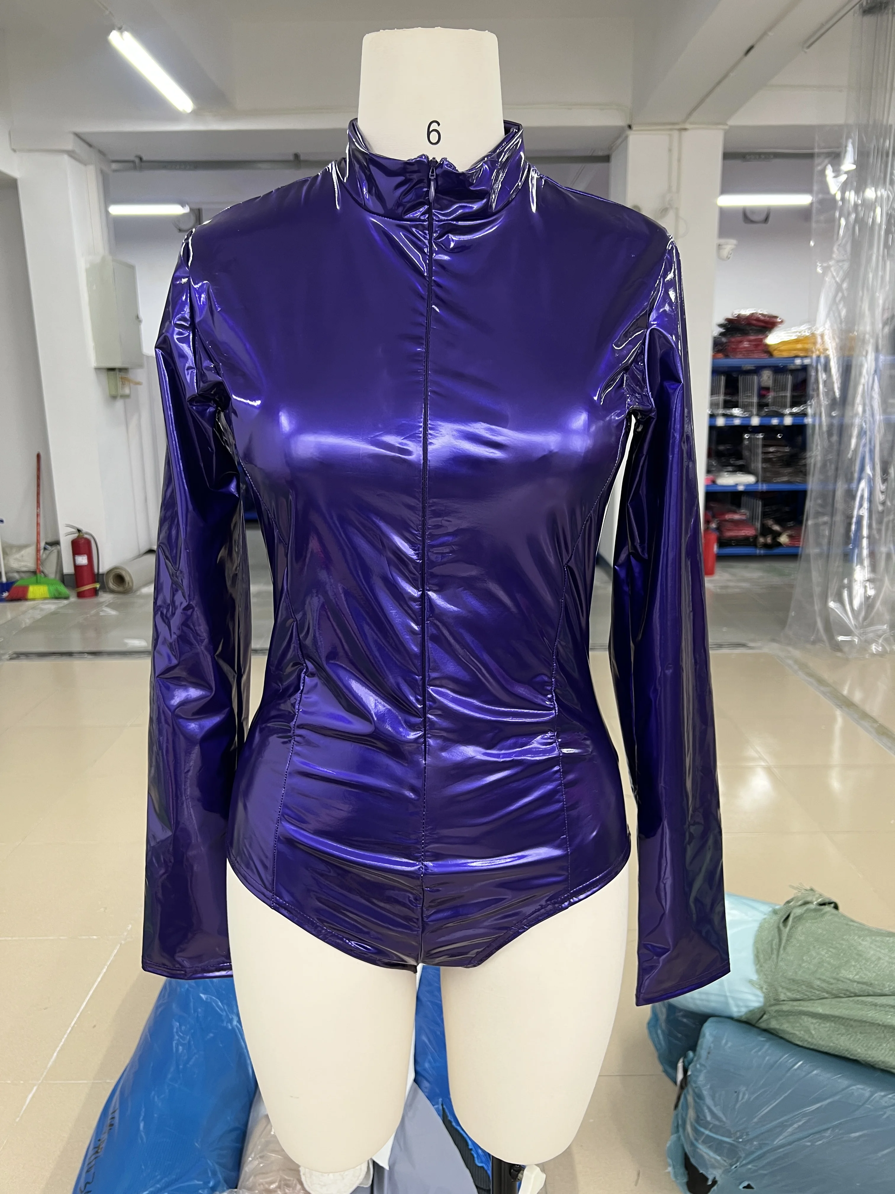 Women Sexy Purple Faux Leather Bodysuits Front Zip Slim Long Sleeve Bodycon Tops Patent Leather Party Nightclub Clothing Custom