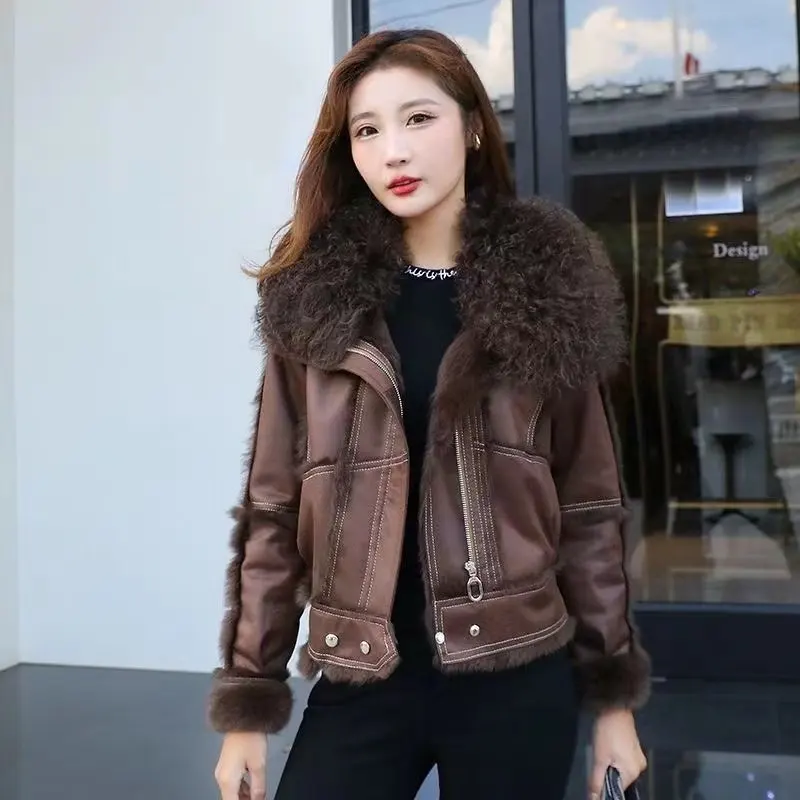 Fashion Lady Locomotive Style Real Rabbit Fur Jacket Autumn Winter Short Cardigans Coat Long Sleeve Lambswool Motorcycle Coat