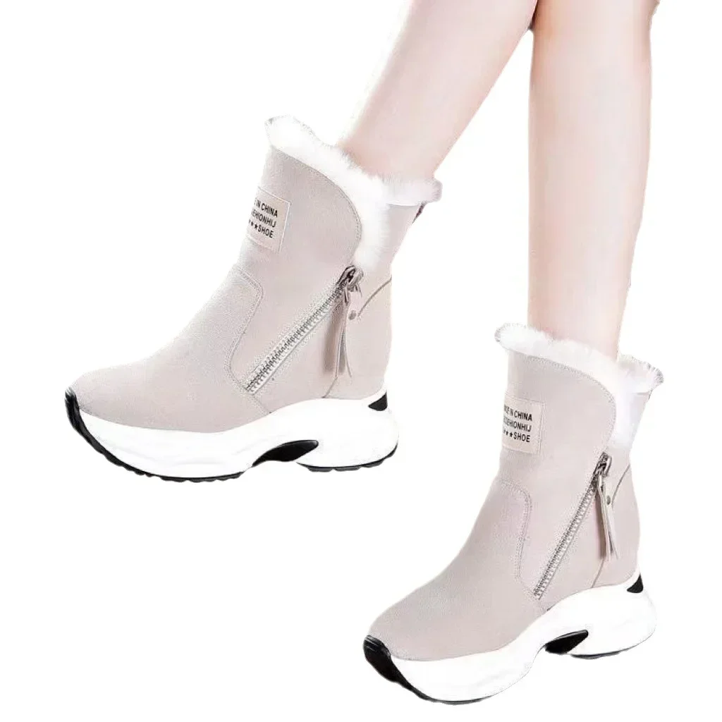 Womens Ankle Boots Warm Plus Fleece Thick Sole Winter Snow Boots Fashion Side Zipper Wedge Outdoor Sneakers Botas Mujer 2024