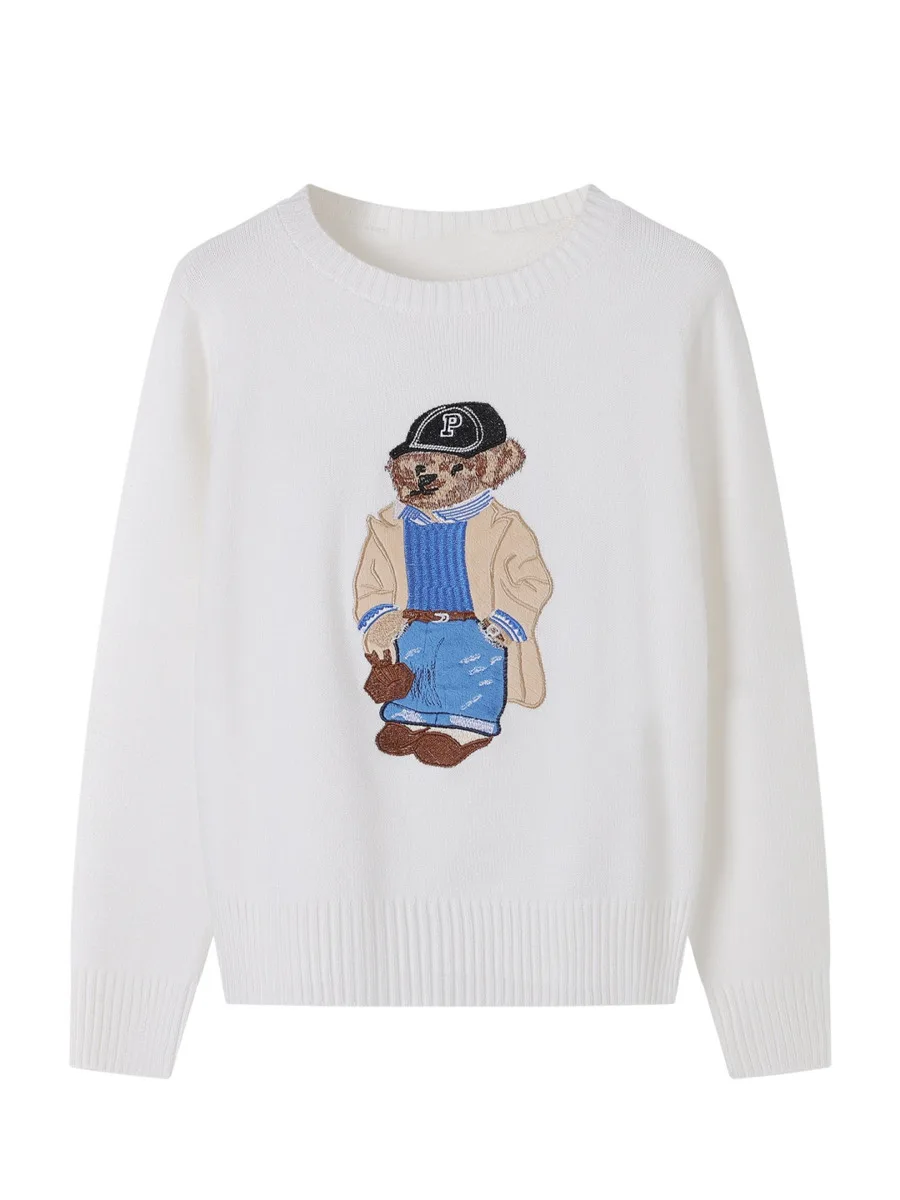 

New Winter Autumn Cartoon Bear Embroidered Round Neck Knitted Pullover Sweater For Women College Style Trendy Jumpers Knitwear