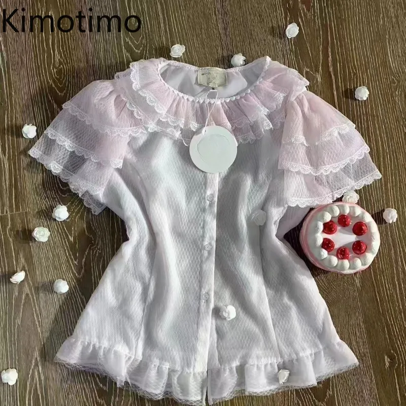 Kimotimo Women Lolita Lace Blouse Sweet Patchwork Ruffle Collar Tiered Short Sleeve Button Up Slim Top Summer Kawaii Y2k Shirt
